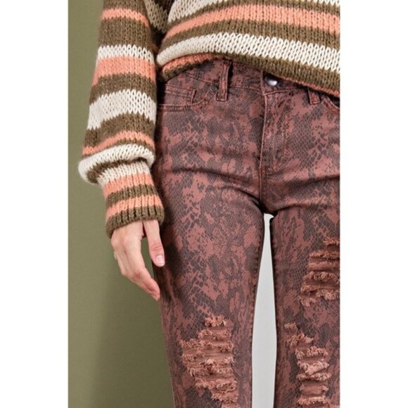 Easel Snake Print Stretch Twill Raw Hem Skinny Jeans Ankle Crop Rose New Medium - Picture 4 of 11